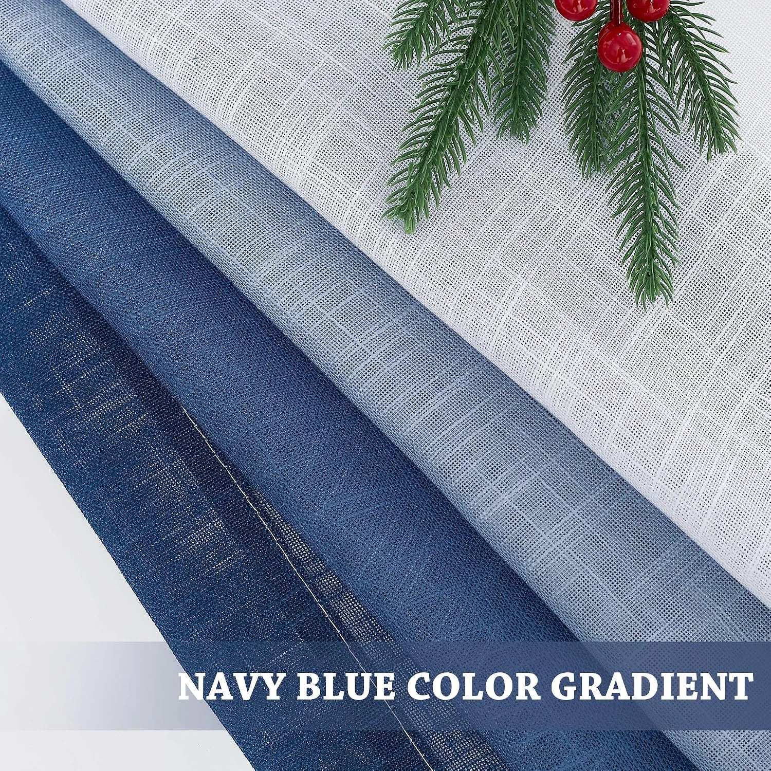 Navy blue gradient sheer linen curtain fabric swatches with textured weave