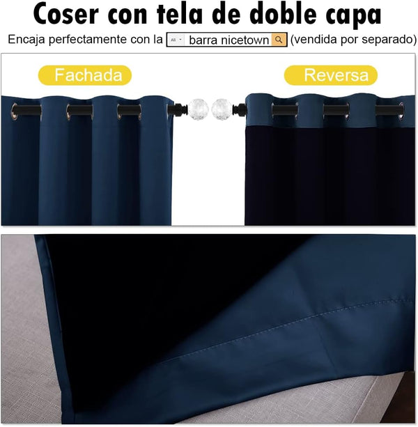 Navy blue double-layer grommet top curtains, showcasing the deep blue front and black reverse lining for blackout.