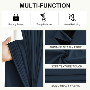 Detailed view of navy blue heavy curtain fabric, highlighting its soft texture, neat edge, and thick material.
