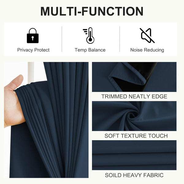 Detailed view of navy blue heavy curtain fabric, highlighting its soft texture, neat edge, and thick material.