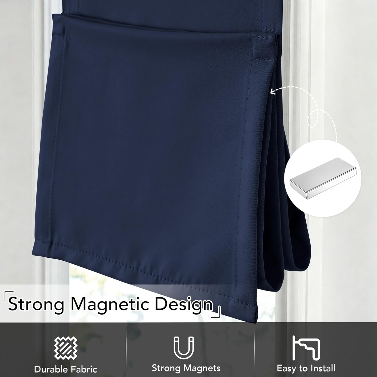 Navy blue magnetic blackout window shade in durable fabric with strong silver magnet closure.