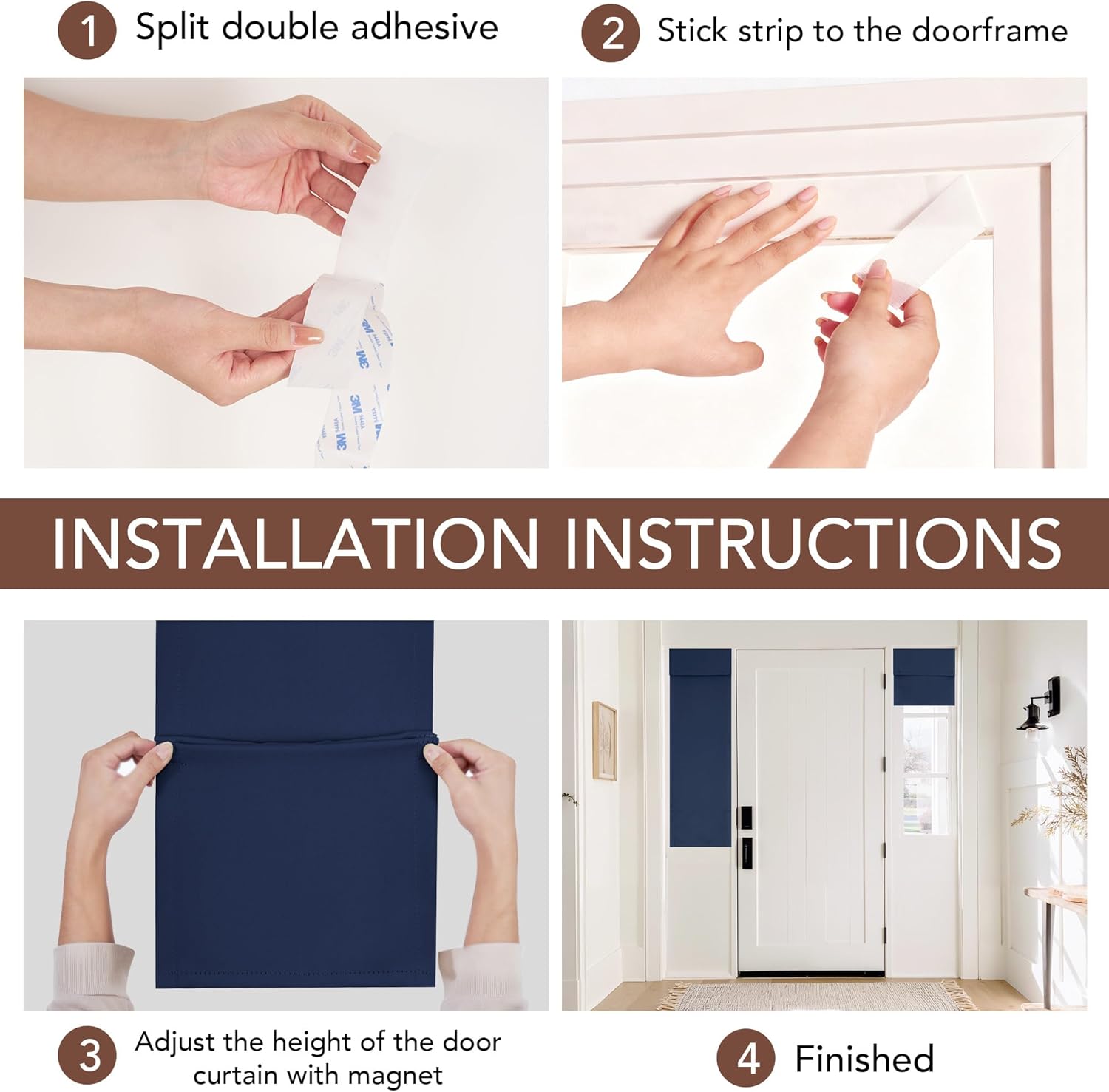 Instructions for installing navy blue magnetic door curtain with adhesive strip and height adjustment.