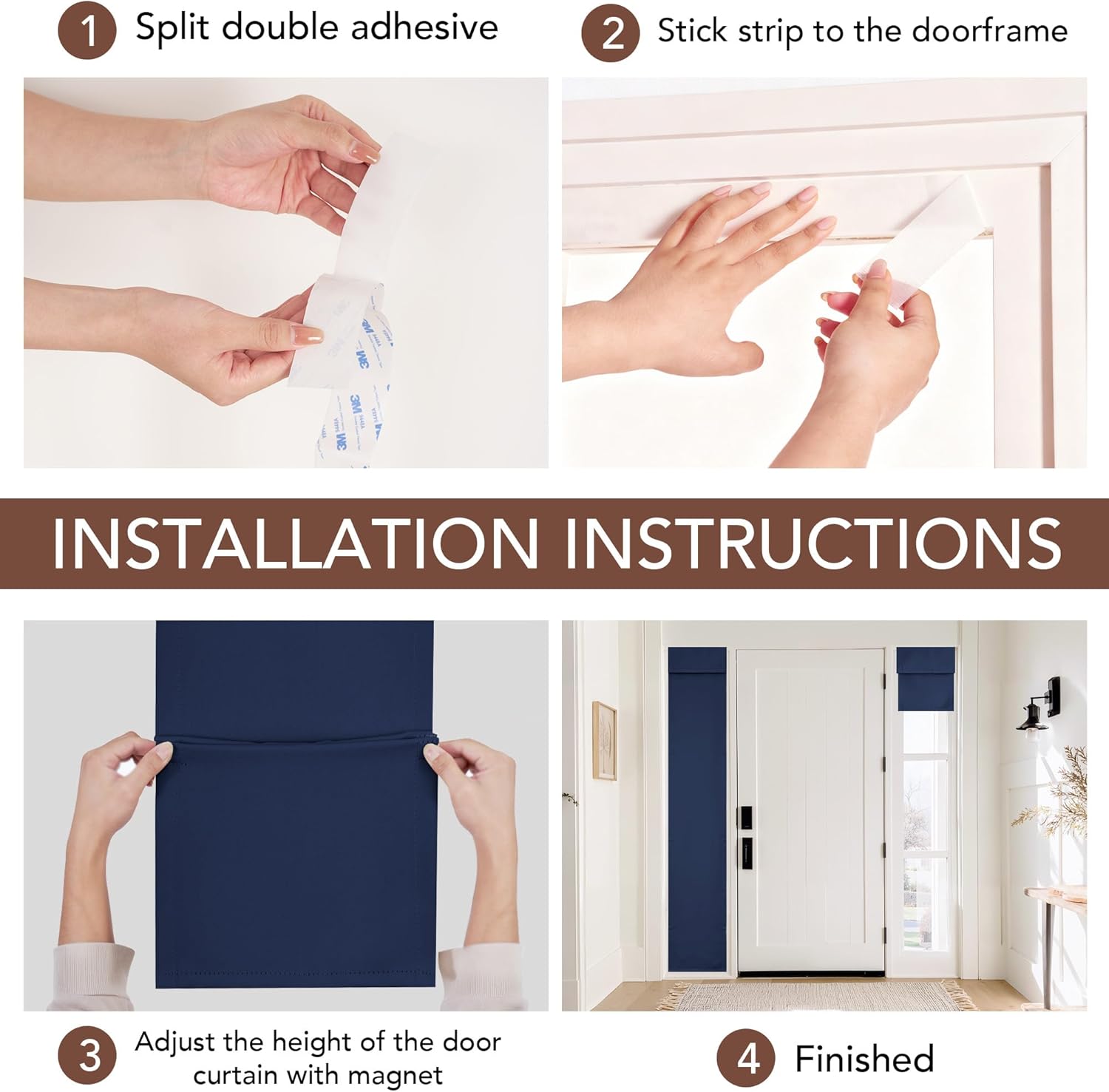 Installation instructions for navy blue magnetic sidelight door shades for entryway windows.