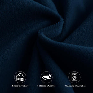 Deep navy blue plush velvet fabric swatch, described as smooth, soft, durable, and machine washable.