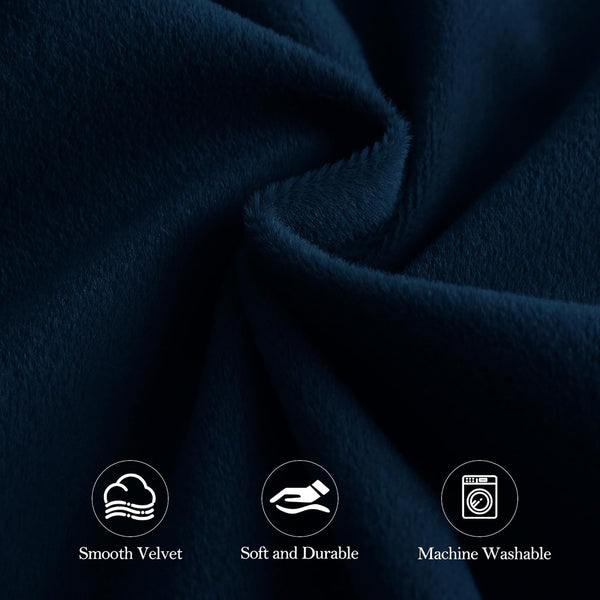 Deep navy blue plush velvet fabric swatch, described as smooth, soft, durable, and machine washable.