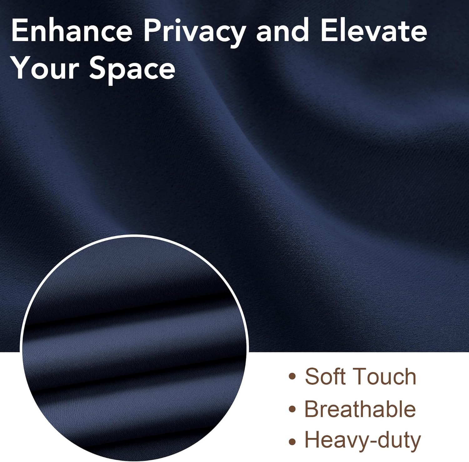 Navy blue fabric close-up, revealing its soft touch, breathable, heavy-duty texture, and smooth drape.