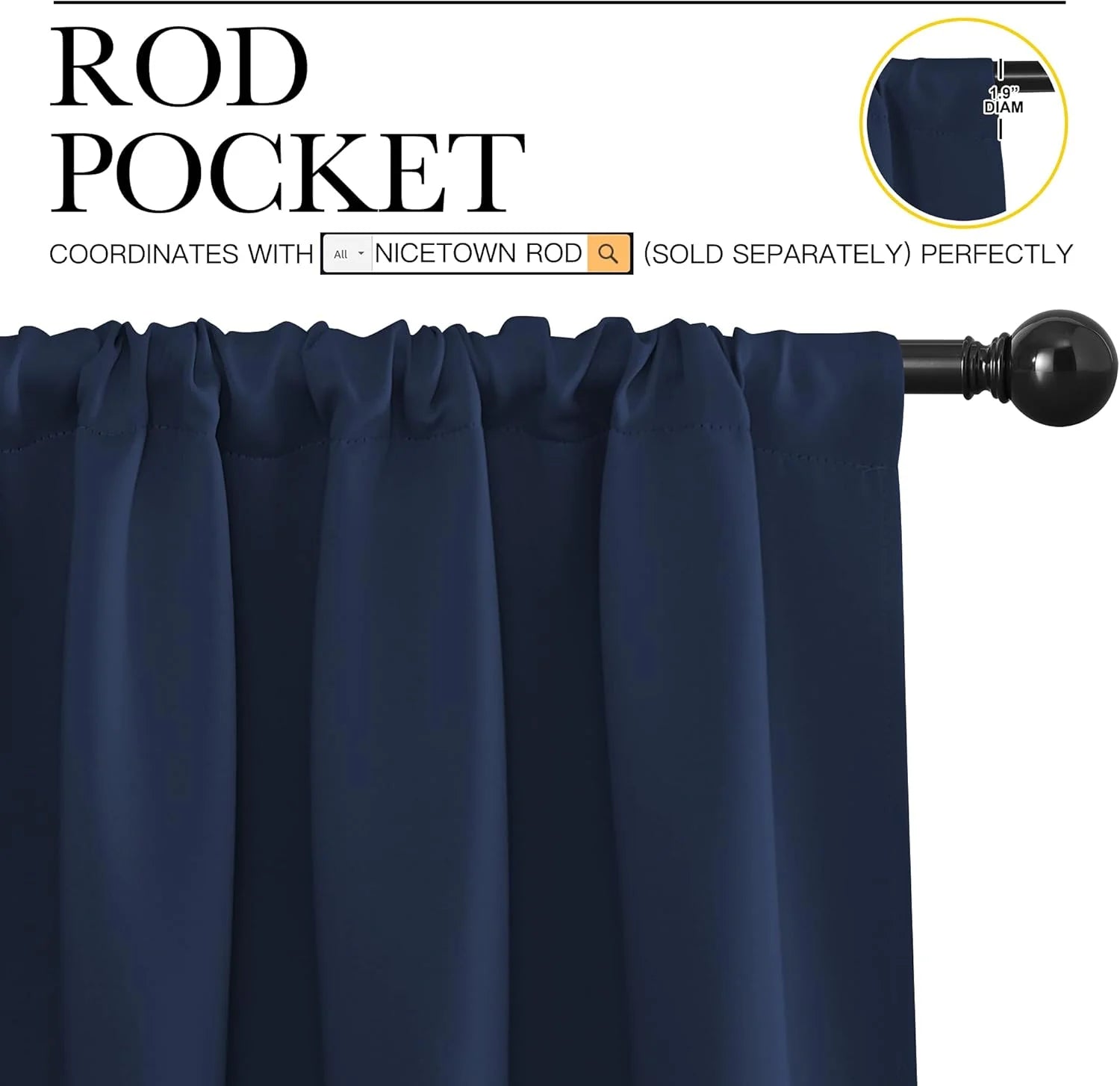 Close-up of a navy blue rod pocket curtain panel on a black 1.9-inch diameter curtain rod, showing pleats.