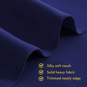 Deep navy blue fabric swatch showing a silky soft touch, solid heavy texture, and neatly trimmed edge.