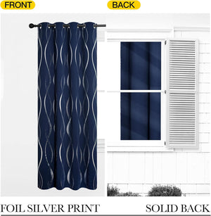 Navy blue blackout curtain with silver foil wavy print and grommet top, showing solid back.