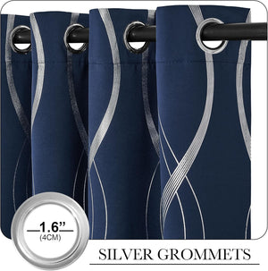Navy blue curtains with silver wavy line pattern and 1.6-inch silver grommets.