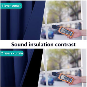Navy blue soundproof blackout curtains comparison, showing sound reduction from 76.2 dB to 47.8 dB.