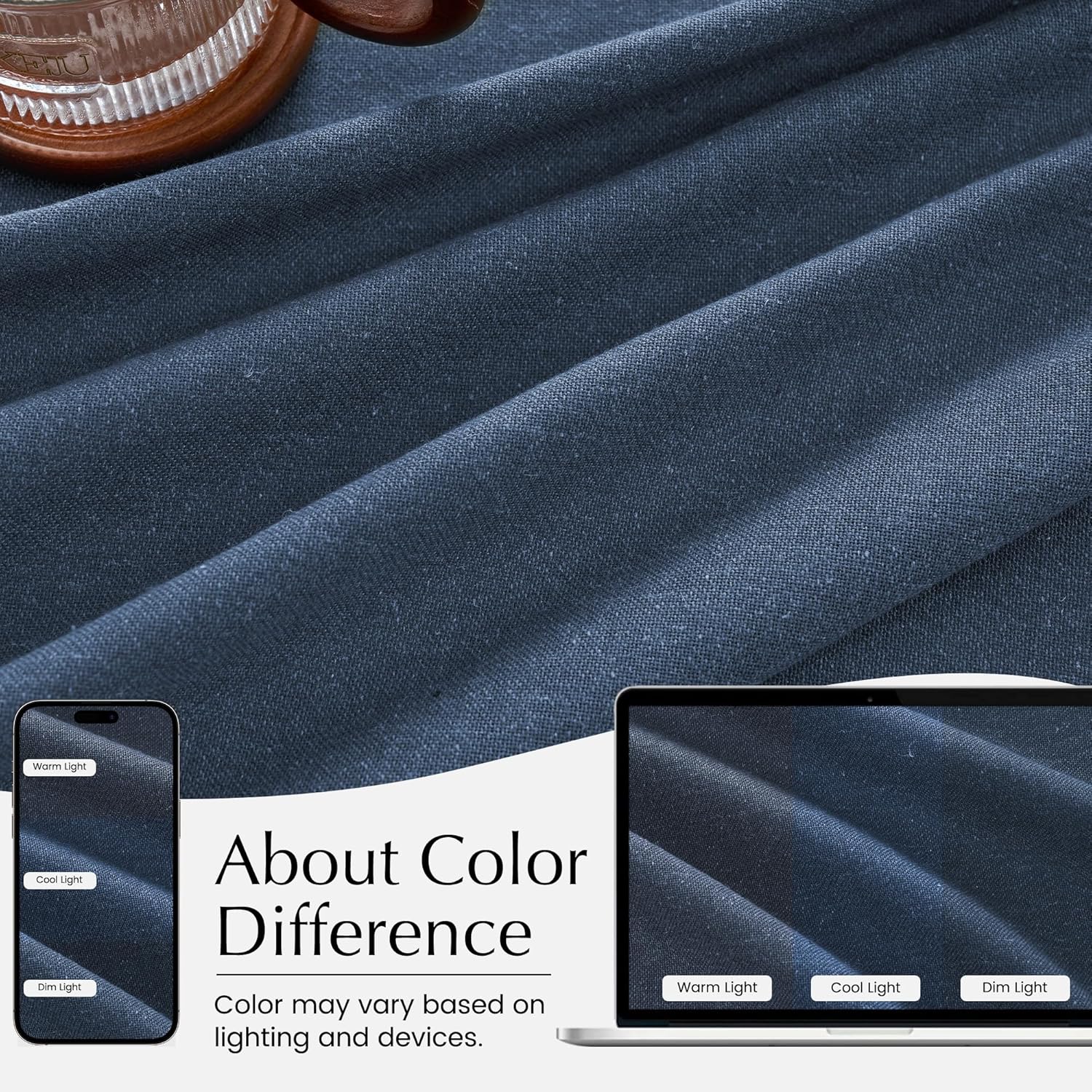 Textured navy blue fabric with soft folds. Illustrates color variations under warm, cool, and dim light.