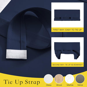 Navy blue tie-up strap with hook-and-loop fastener. Shown tied straight and as a decorative bowknot.