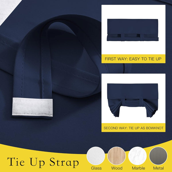 Navy blue tie-up strap with hook-and-loop fastener. Shown tied straight and as a decorative bowknot.