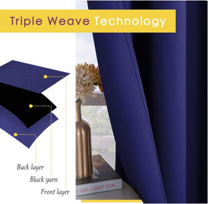 Deep navy blue triple weave blackout curtain fabric with black yarn layer for light blocking.