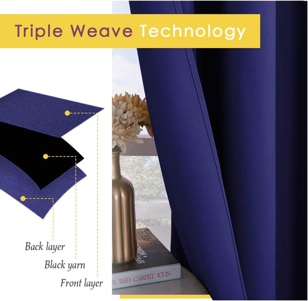 Deep navy blue triple weave blackout curtain fabric with black yarn layer for light blocking.