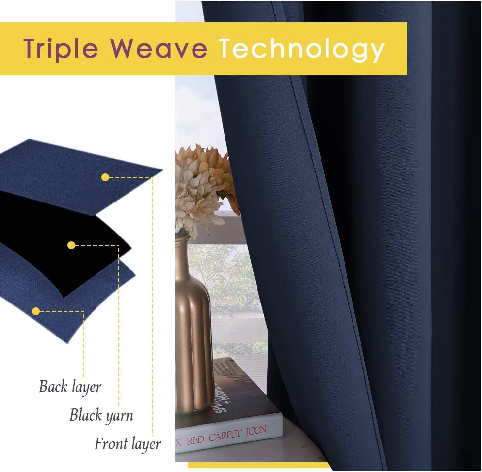 Close-up of a navy blue triple weave blackout curtain showing its front, black yarn, and back layers.