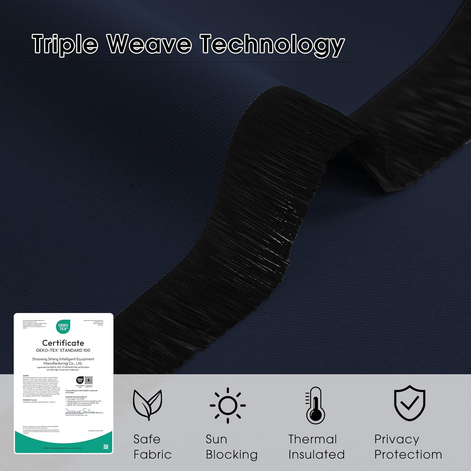 Navy blue triple weave fabric shows black layer. OEKO-TEX certified for sun blocking, insulation, privacy.