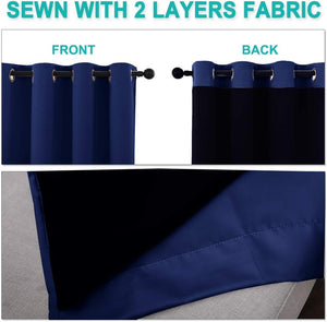 Navy blue two-layer grommet top curtains, showcasing thick fabric from front and dark back.