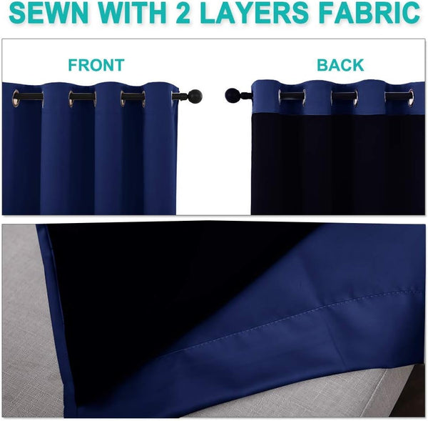 Navy blue two-layer grommet top curtains, showcasing thick fabric from front and dark back.