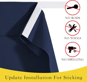Close-up of navy blue blackout curtain with white adhesive strip, highlighting no-drill installation.