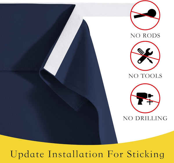 Close-up of navy blue blackout curtain with white adhesive strip, highlighting no-drill installation.