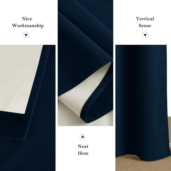 Navy blue velvet blackout curtain. Features soft texture, light backing, and neat hem.