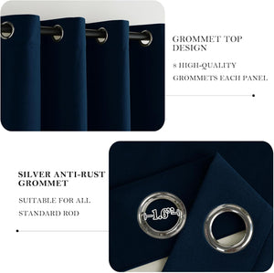 Close-up of navy blue velvet grommet top curtains showing silver anti-rust rings and 1.62-inch diameter suitable for standard rods.