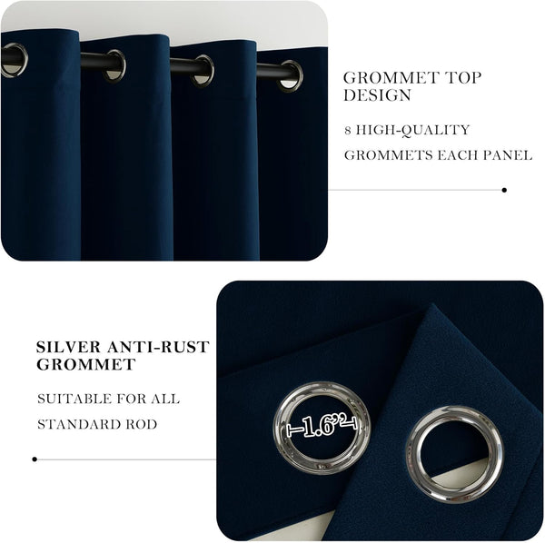 Close-up of navy blue velvet grommet top curtains showing silver anti-rust rings and 1.62-inch diameter suitable for standard rods.