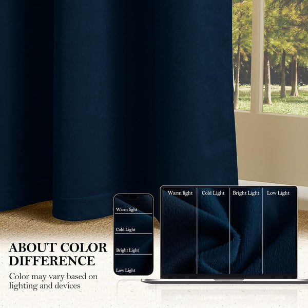 Plush navy blue velvet curtain demonstrates color and texture in varied lighting conditions.