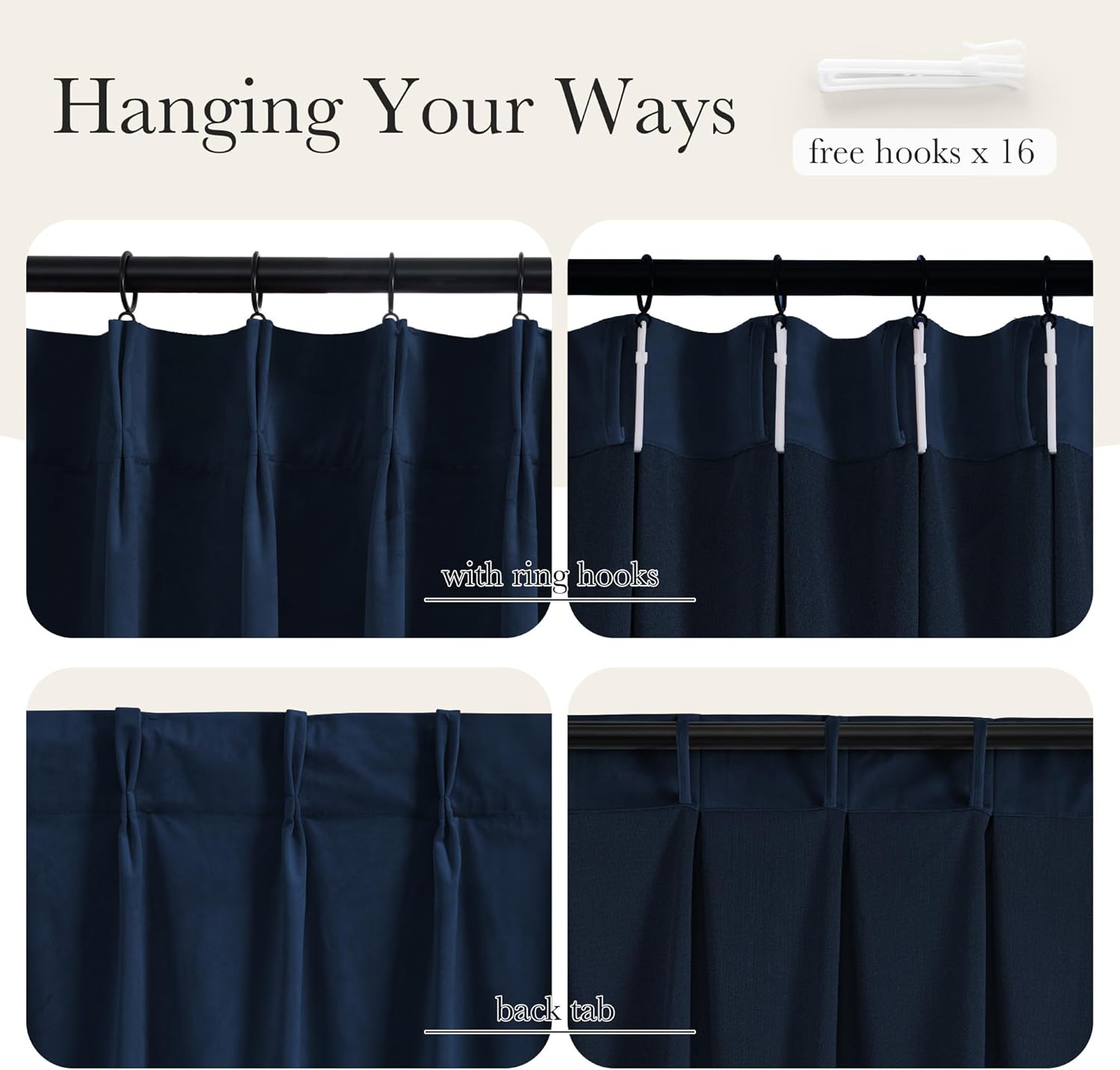 Navy blue curtains showcasing multiple hanging styles: ring hooks and back tabs. Free hooks included.