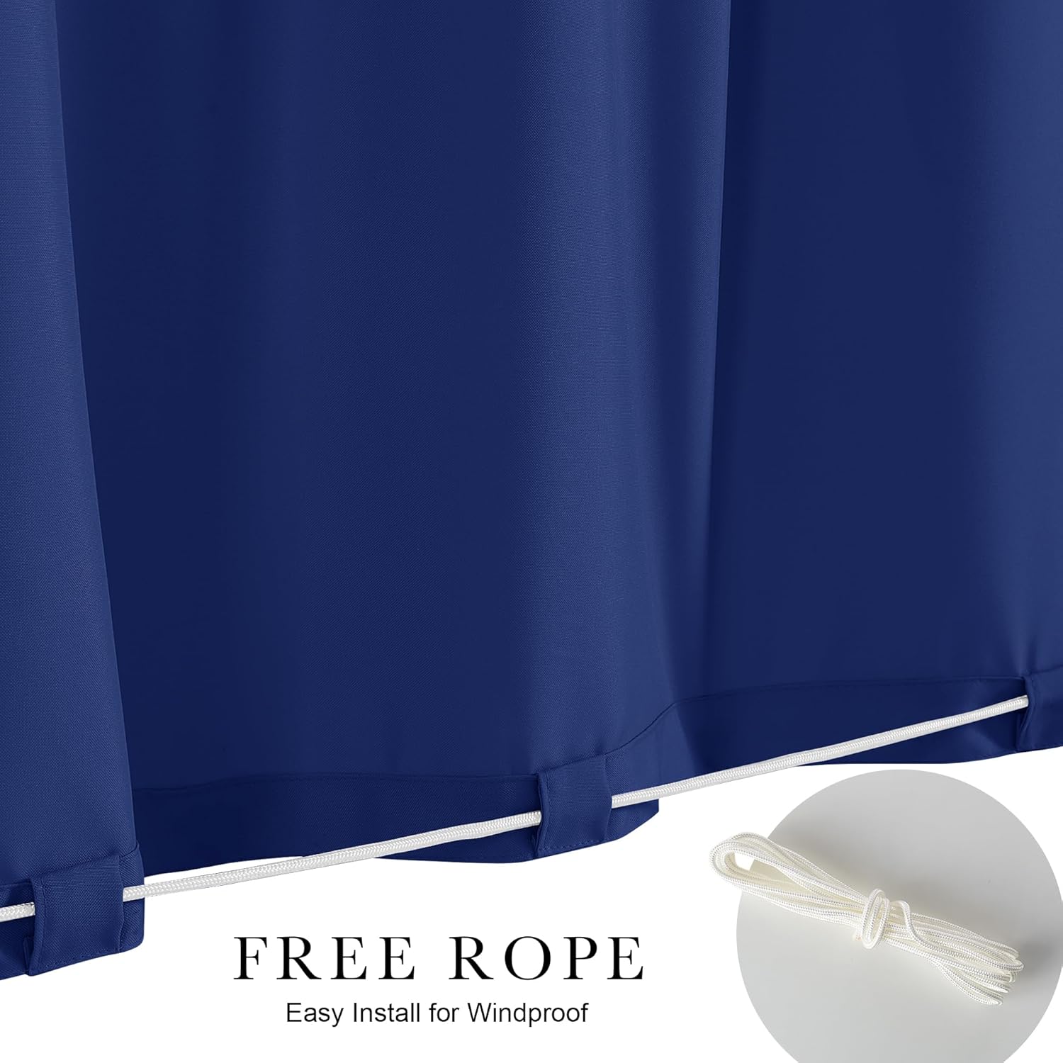 Navy blue windproof outdoor curtain with white rope threaded through bottom loops. Includes a coiled rope.