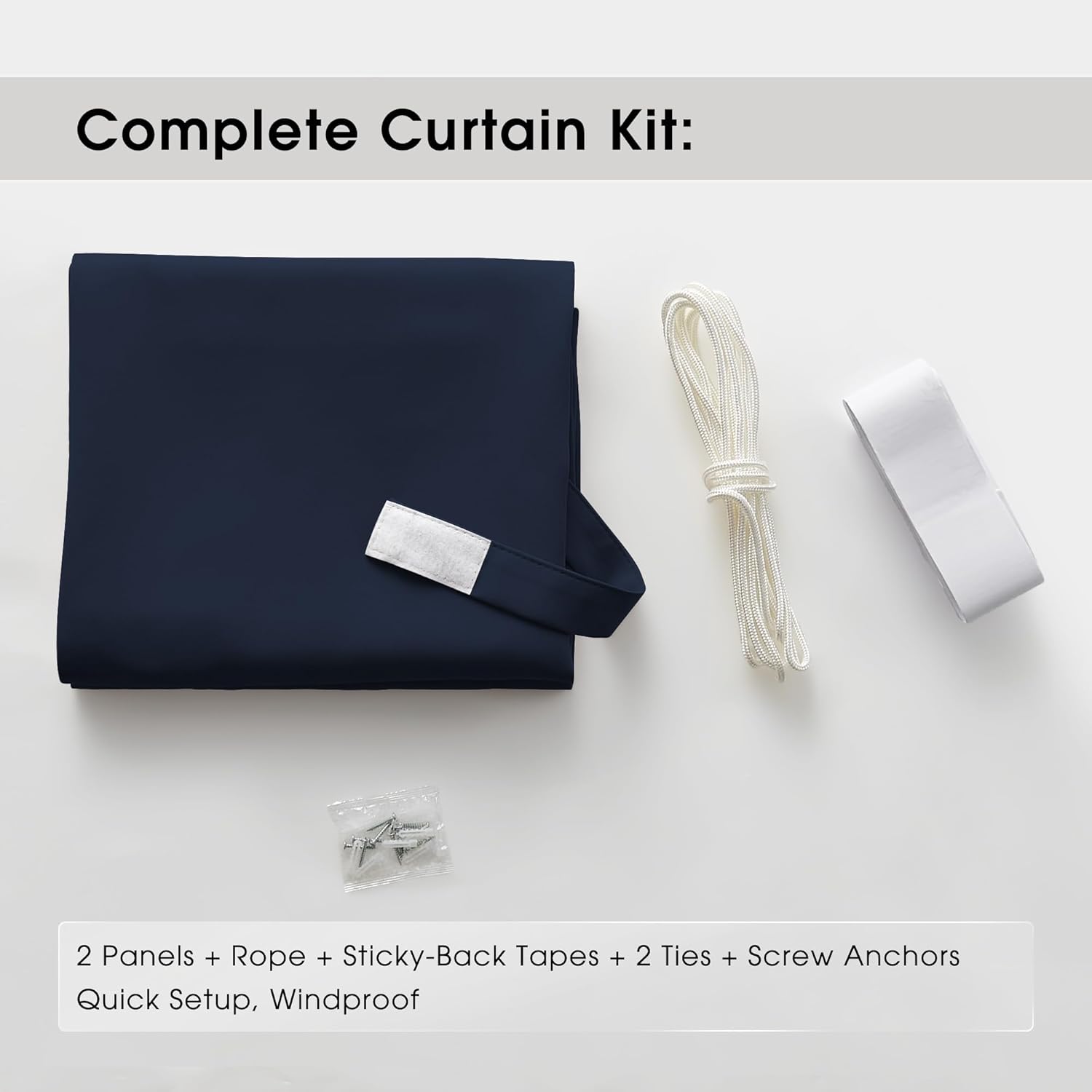 Navy blue complete curtain kit. Includes two panels, rope, sticky tape, and hardware for quick, windproof setup.