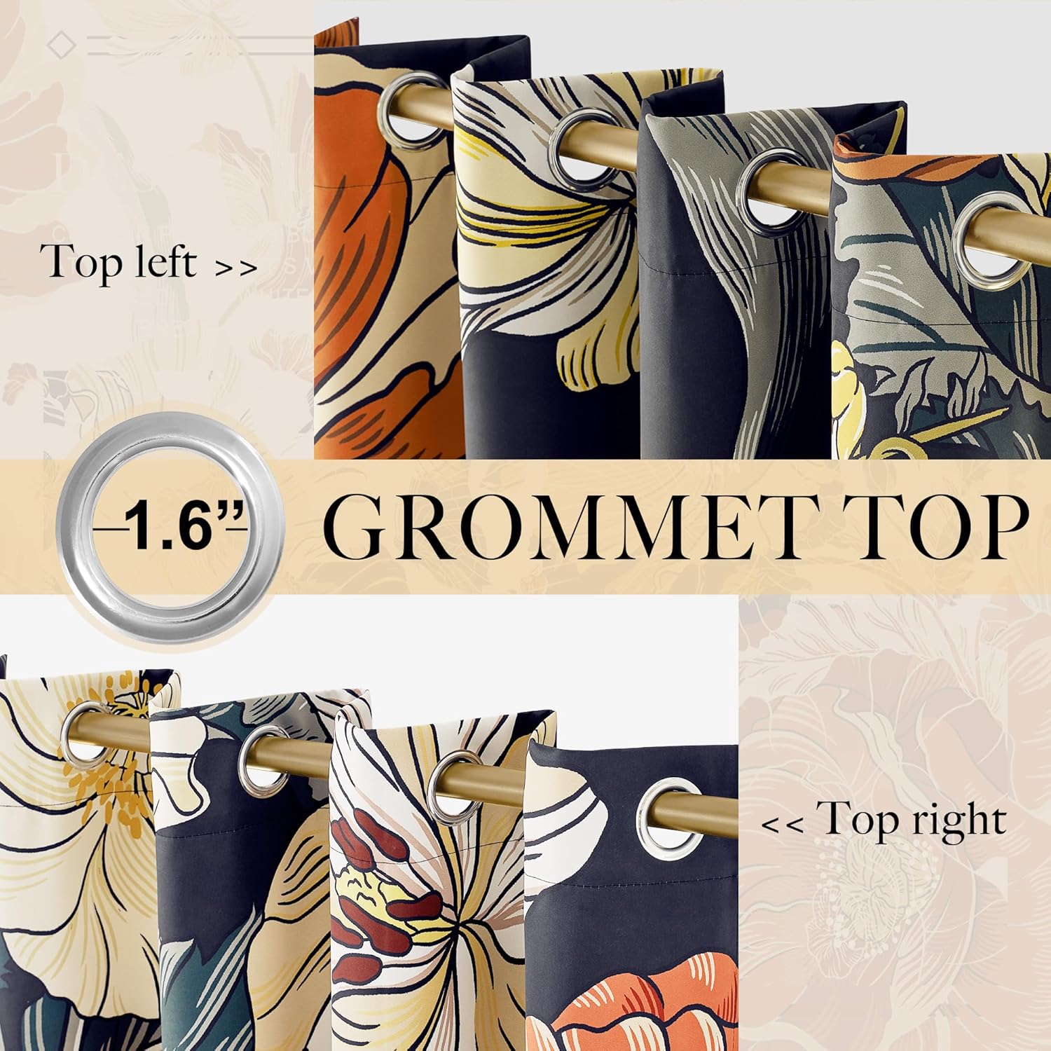 Close-up of navy blue curtains with large tropical floral print and 1.6-inch silver grommet tops on a gold rod.