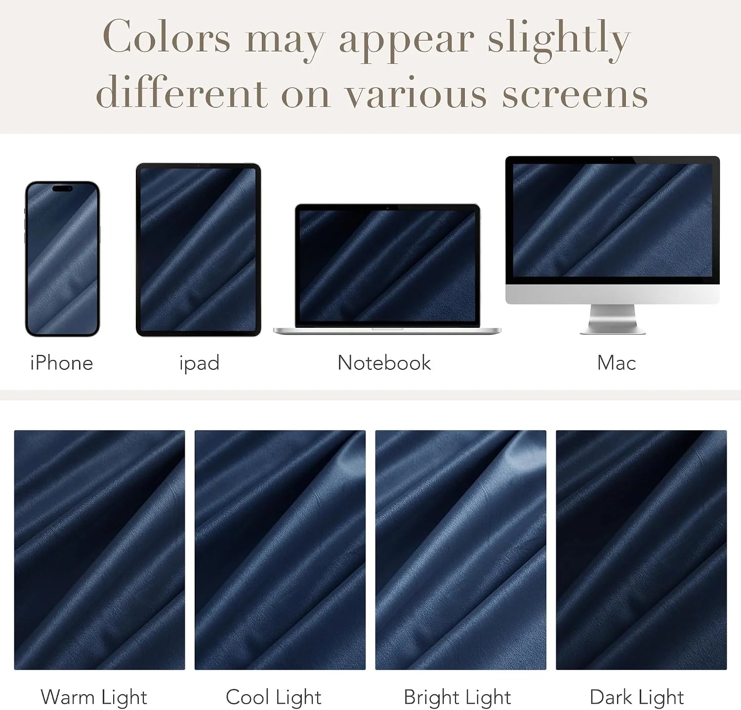 Navy blue fabric color appearance shown across phone, tablet, laptop and desktop screens