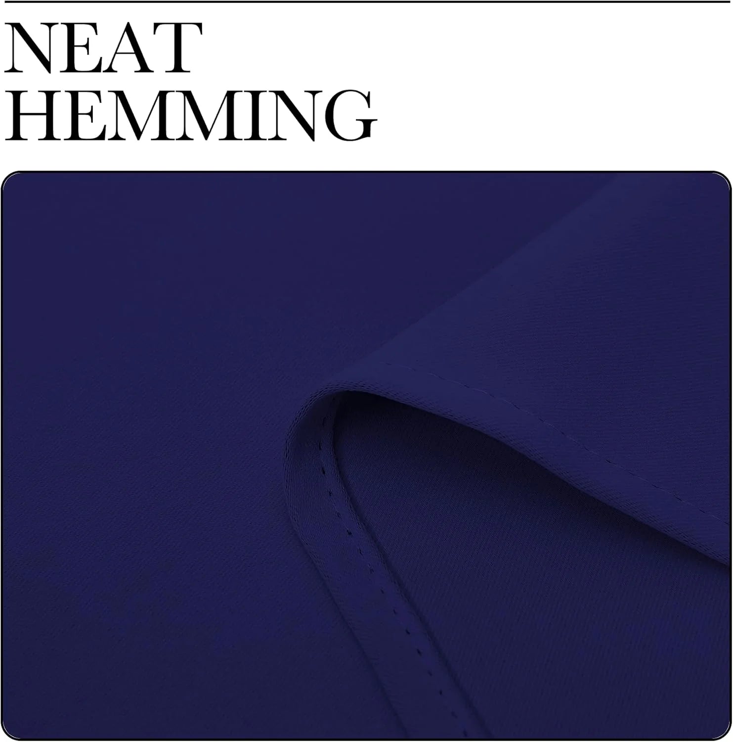 Close-up of navy fabric with neat hemming and visible stitched edge detail