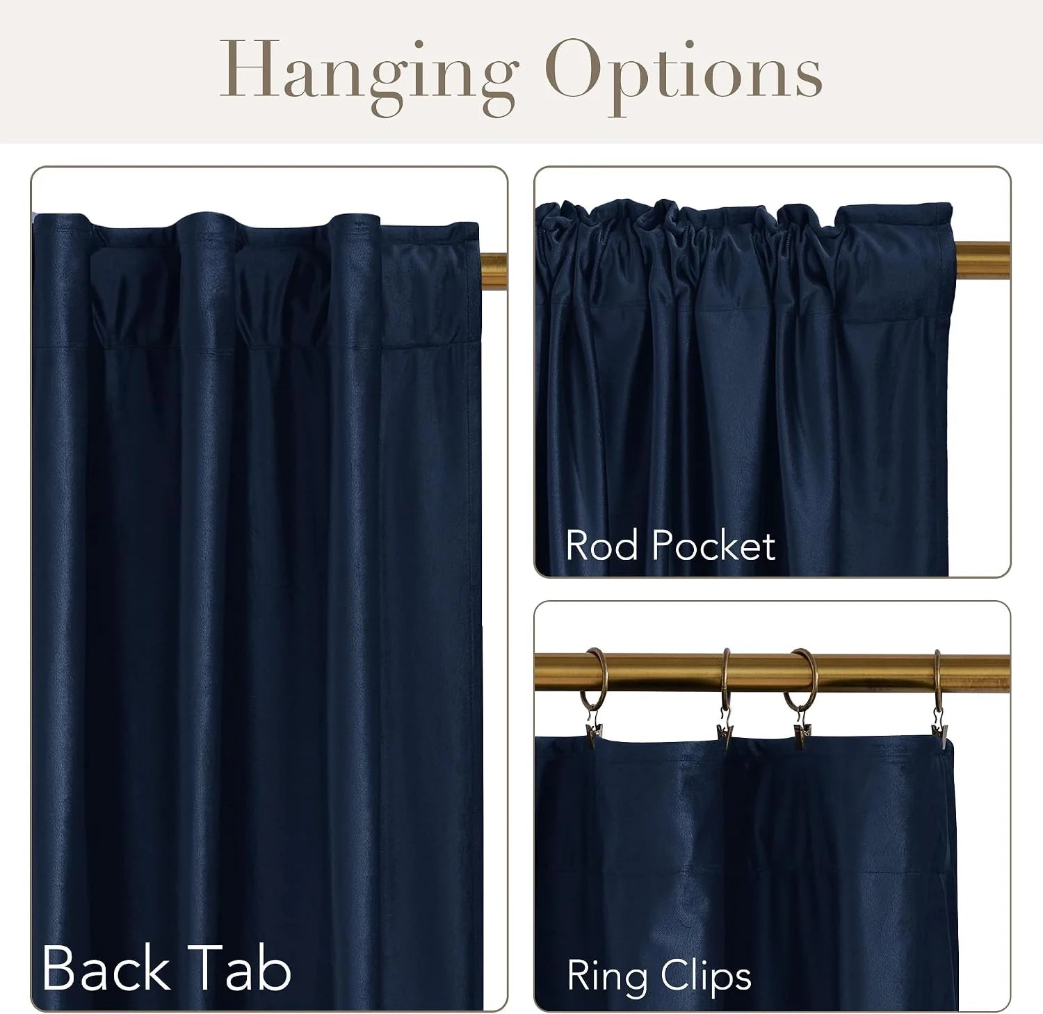 Navy faux leather curtain panel showing back tab, rod pocket, and ring clip hanging styles