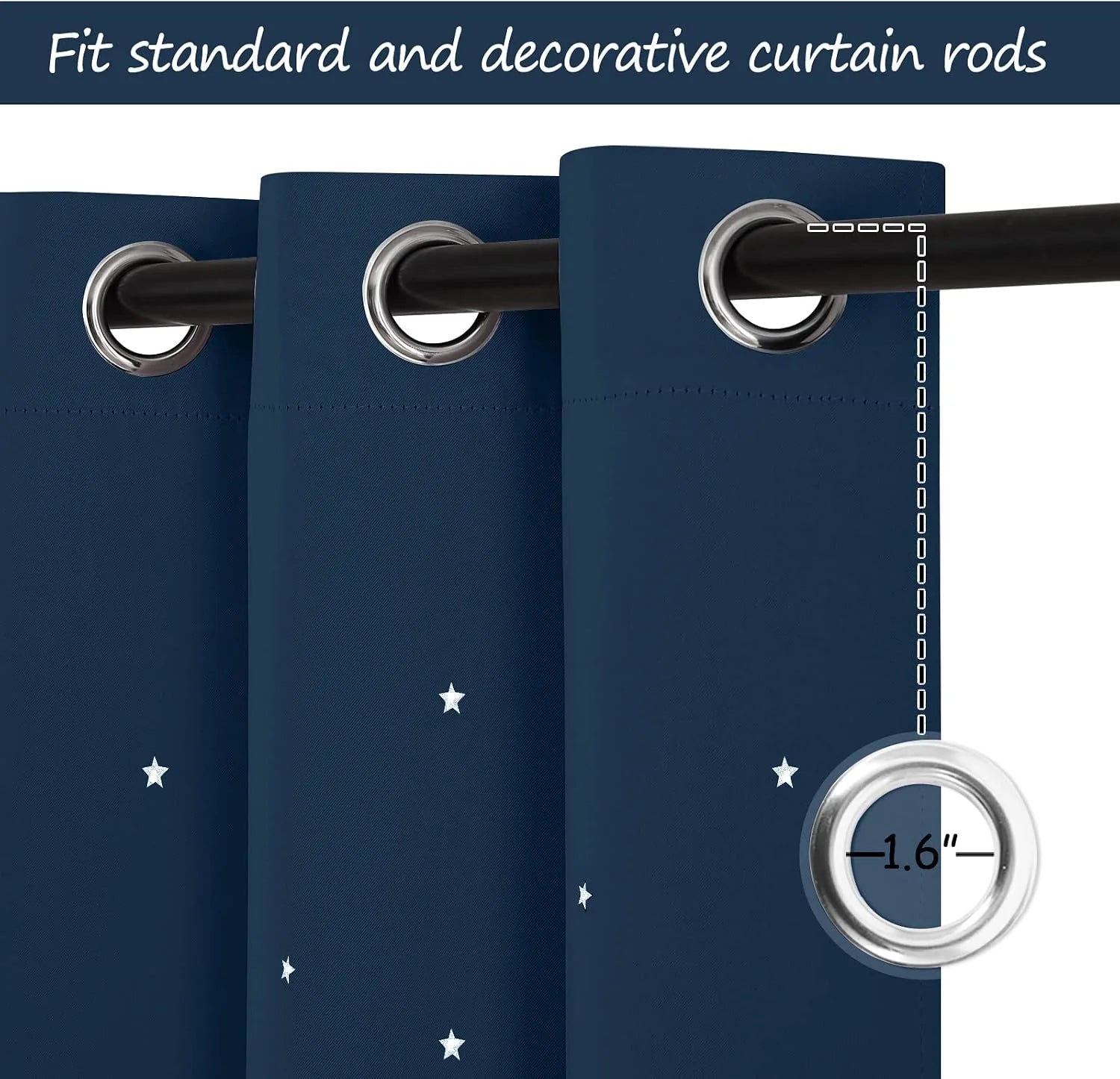 Navy kids curtain panel with white stars and silver grommets on a black rod