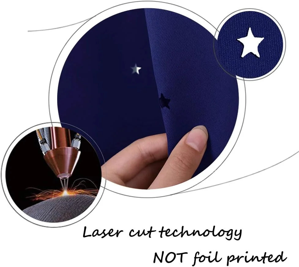 Hand holding navy fabric with laser-cut star detail and close-up texture inset