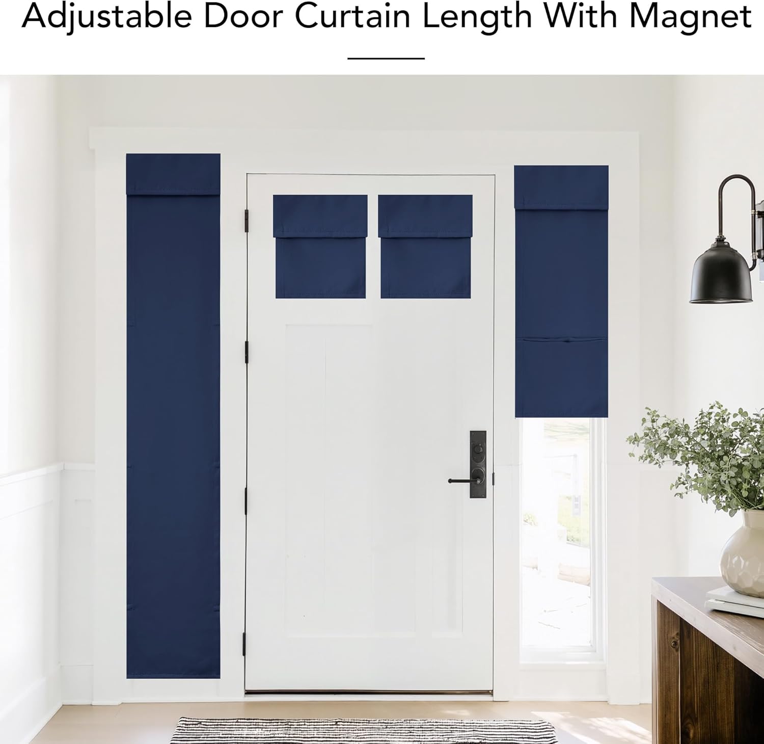 Navy blue magnetic adjustable door and sidelight window shades covering glass on a white front door.