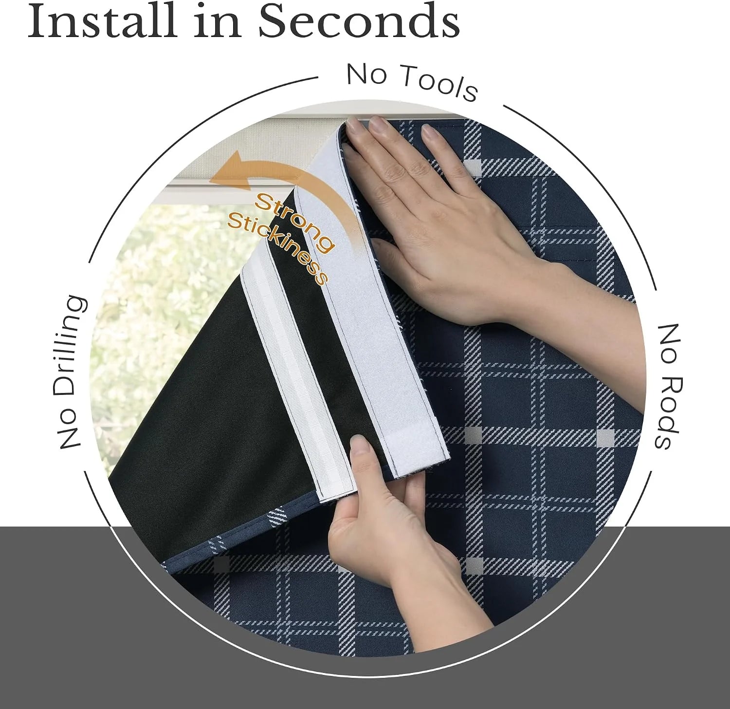 Hands installing a navy plaid blackout curtain with adhesive strip, no tools needed
