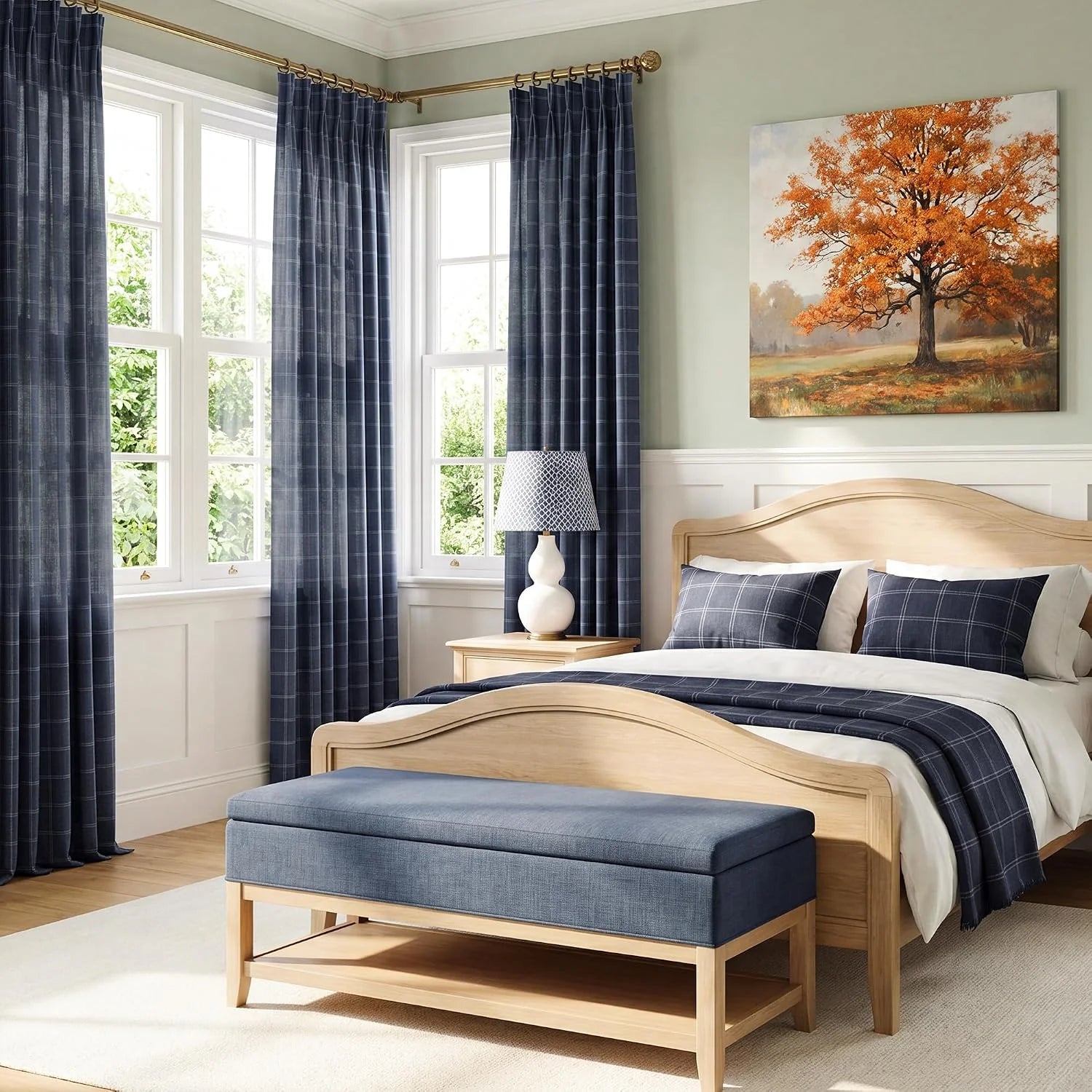 Navy plaid curtains framing bright bedroom windows beside a light wood bed