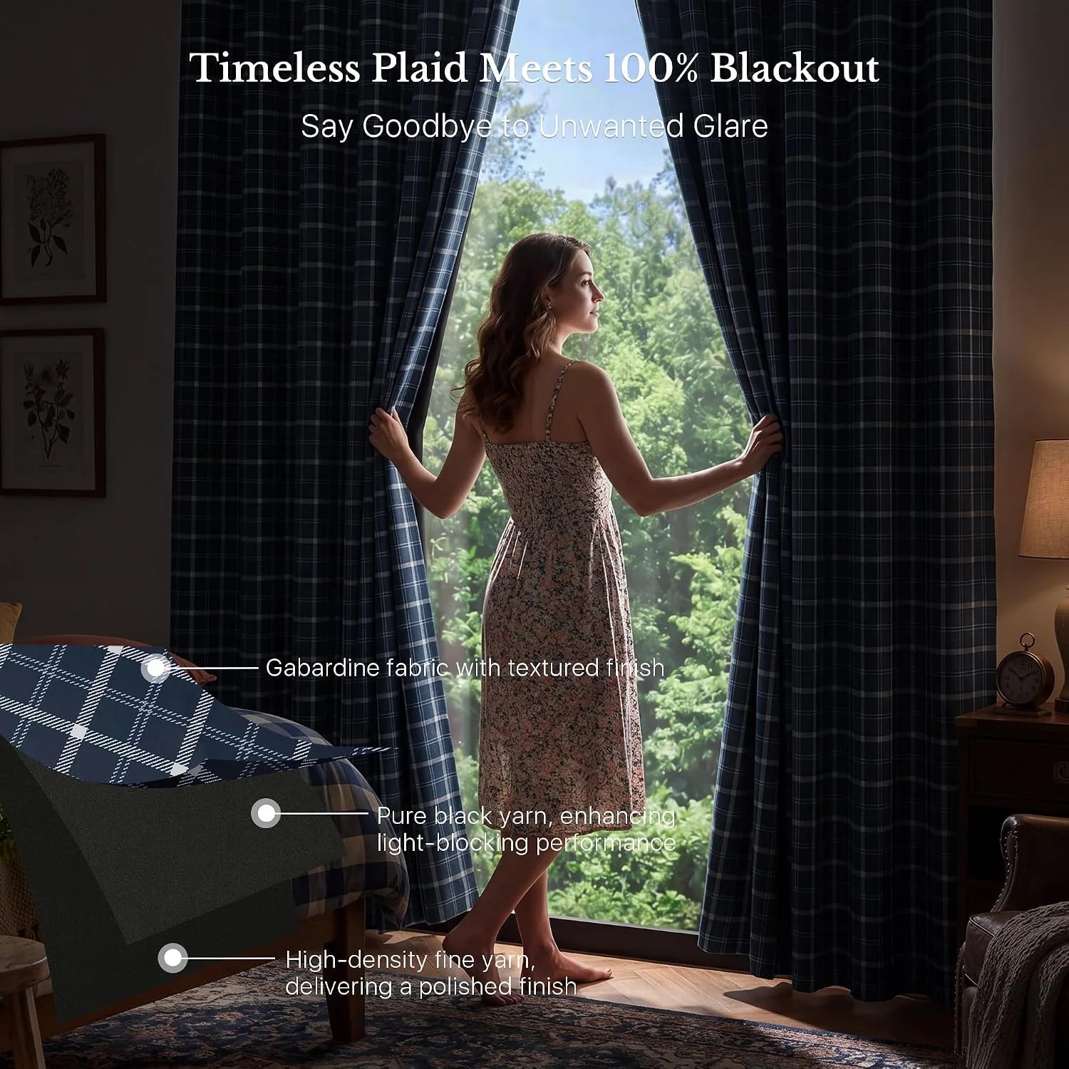 Woman opening navy plaid blackout curtains in a cozy bedroom with forest view