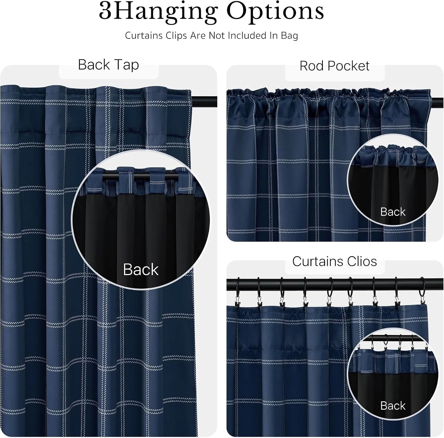 Navy plaid curtain panel showing back tab, rod pocket, and clip hanging styles