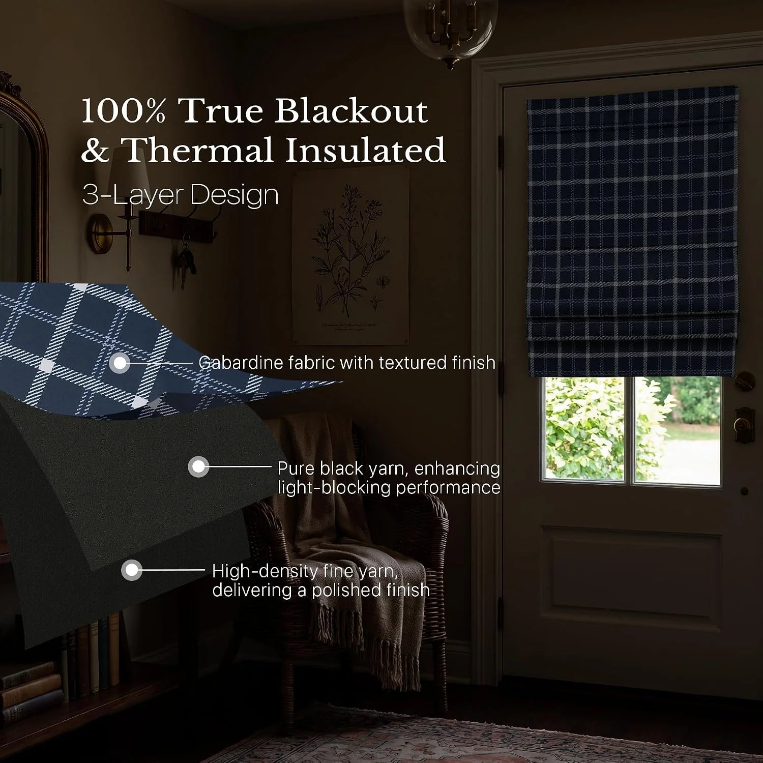 Navy plaid blackout Roman shade on a door with layered thermal fabric detail