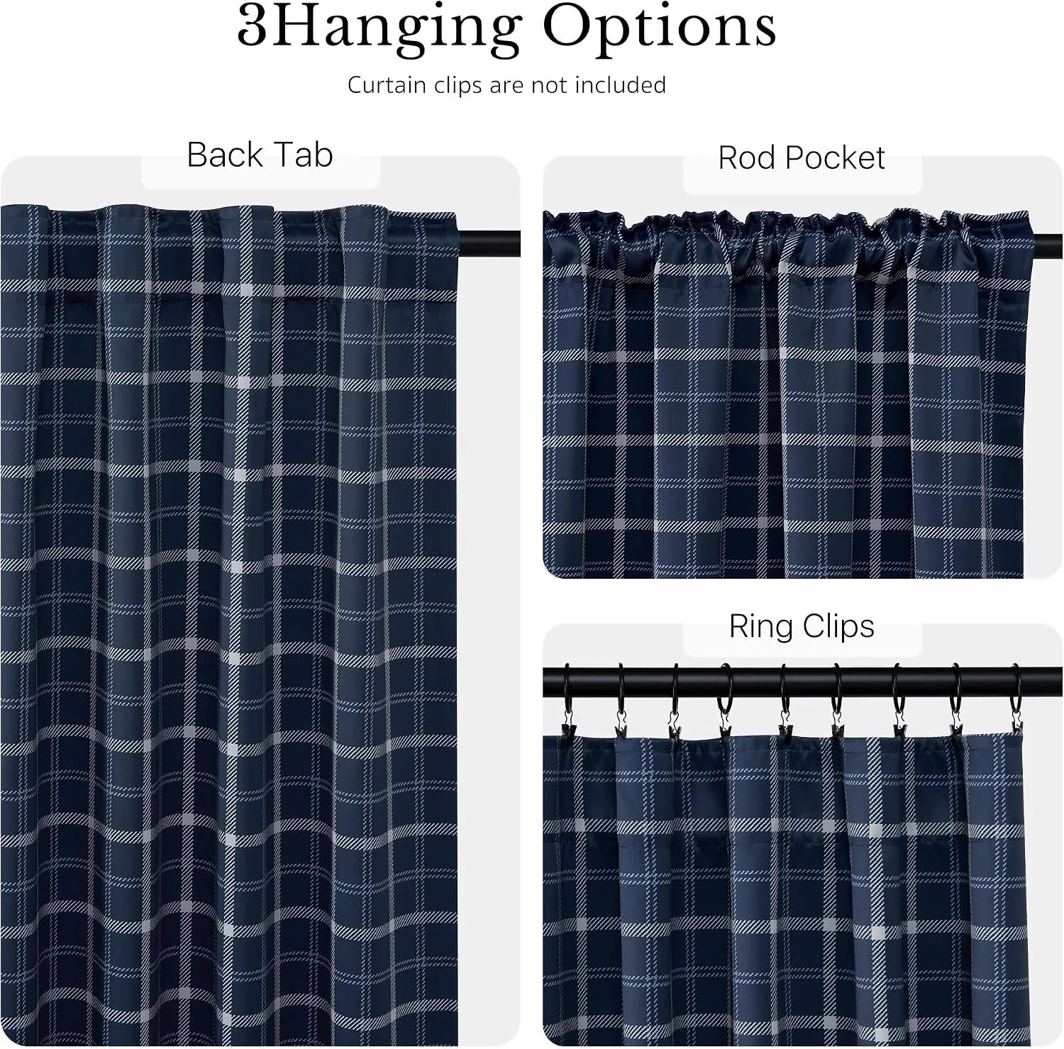 Navy plaid curtain panel showing back tab, rod pocket, and ring clip hanging styles