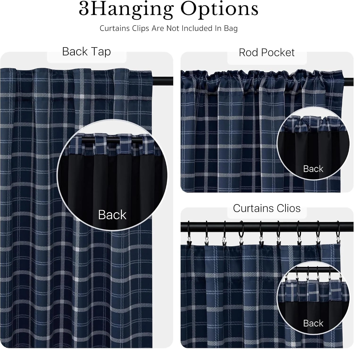 Navy plaid curtain panel showing back tab, rod pocket, and clip hanging styles