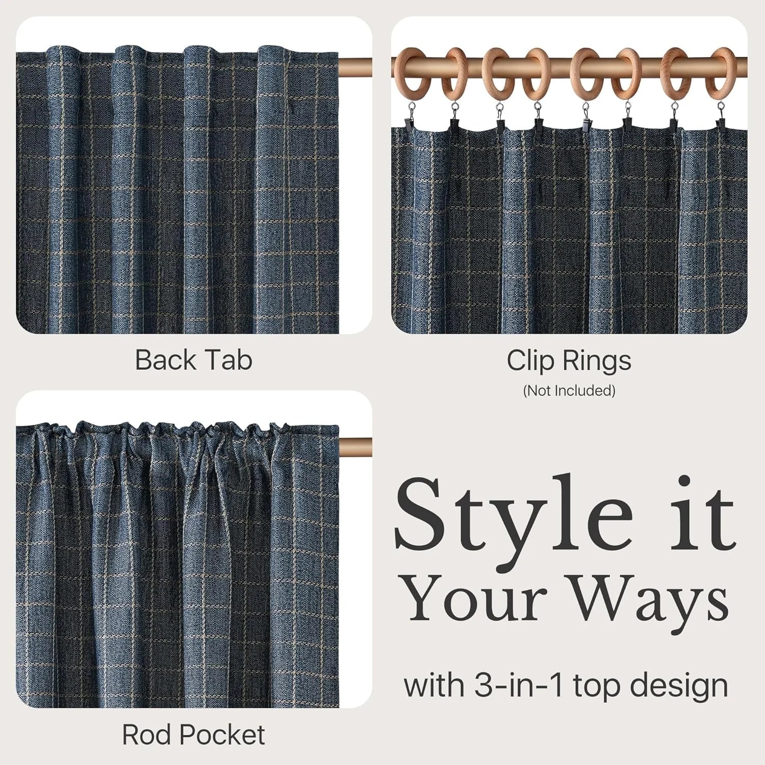 Navy blue plaid curtain demonstrating three hanging styles: back tab, clip rings, and rod pocket