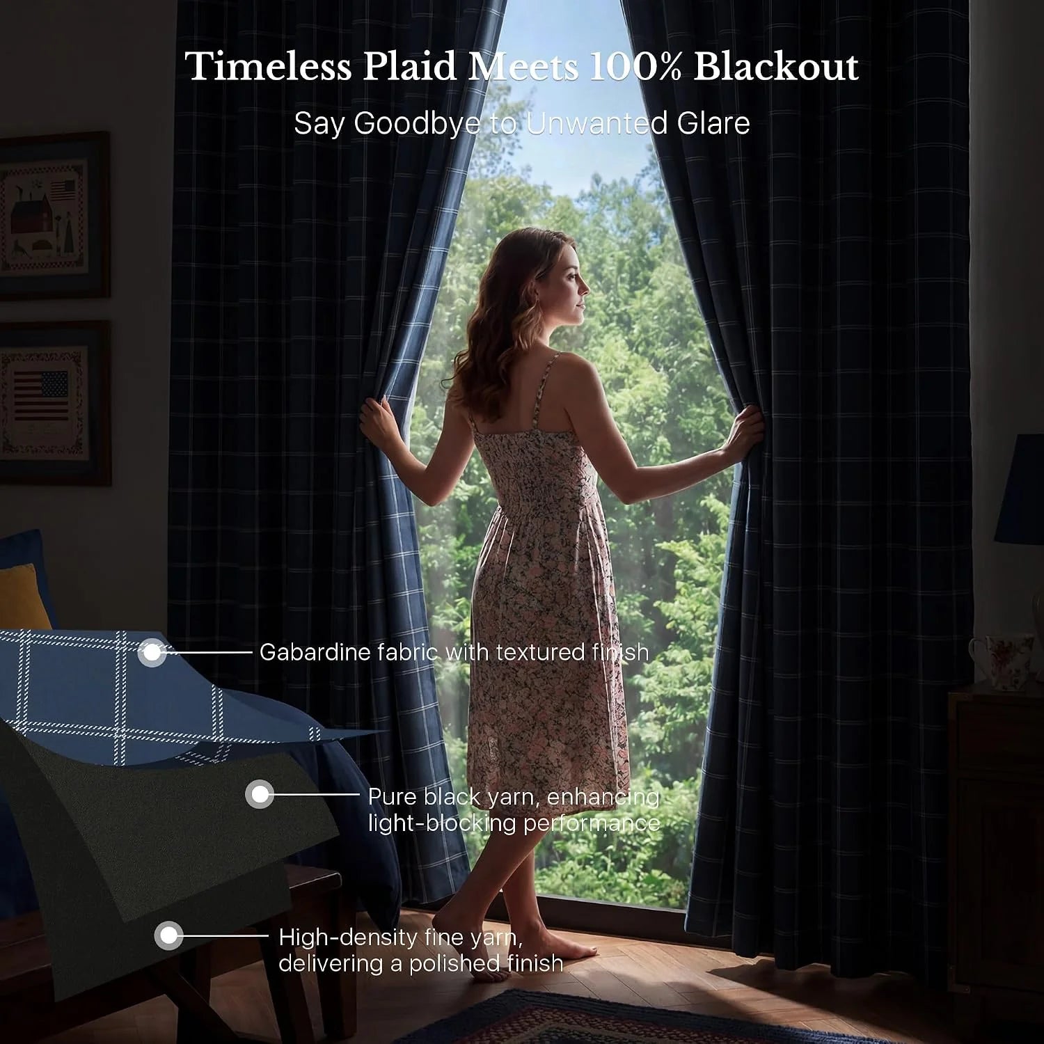 Woman opening navy plaid blackout curtains in a softly lit bedroom window