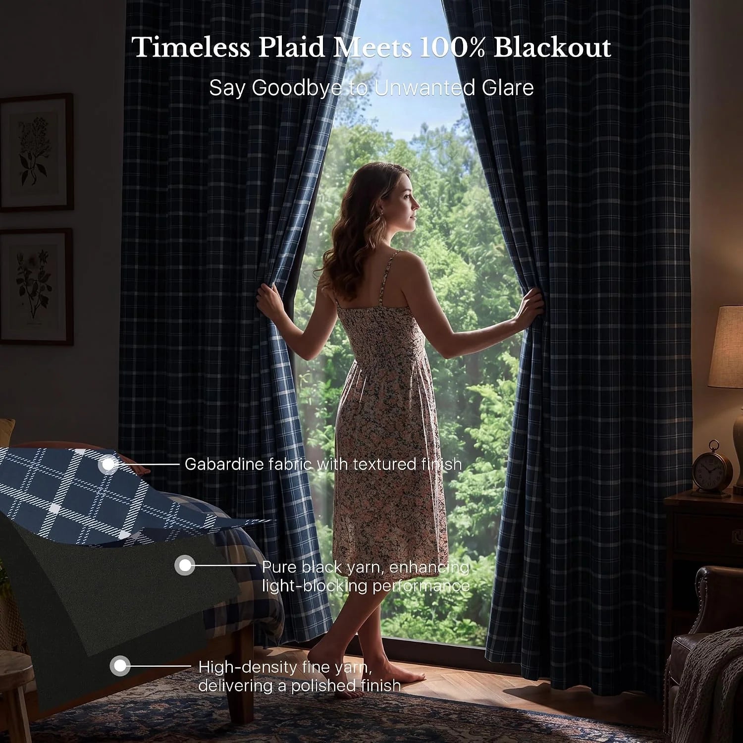Woman opening navy plaid blackout curtains in a cozy bedroom with large window